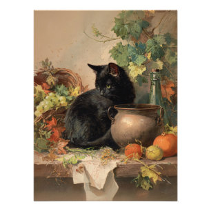 Vintage schwarze Katze im Herbst Früchte Fotodruck