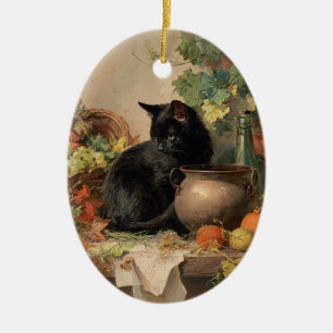 Vintage schwarze Katze im Herbst Früchte Keramik Ornament