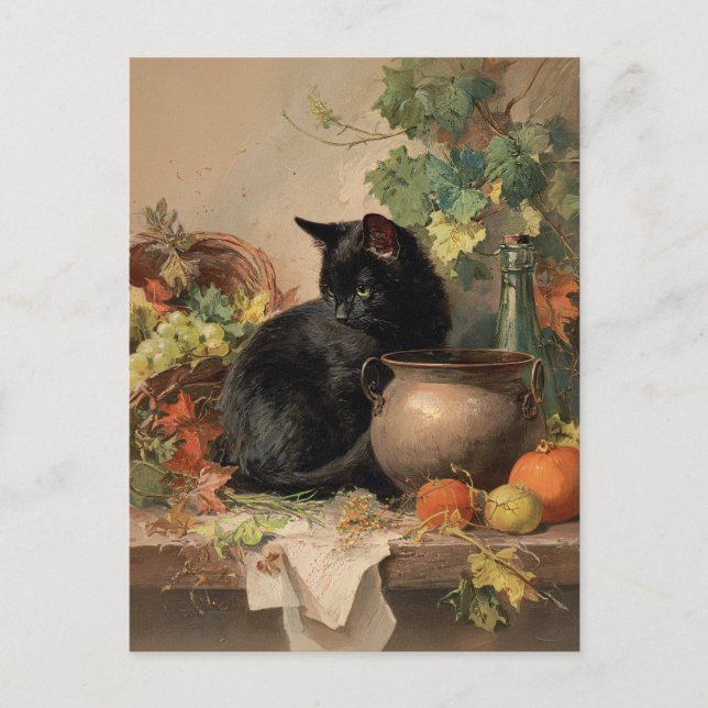 Vintage schwarze Katze im Herbst Früchte Postkarte (Vorderseite)