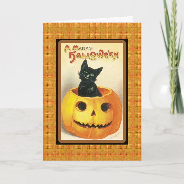 Vintage schwarze Katze in Pumpkin Frohe Halloween- Karte (Vorderseite)