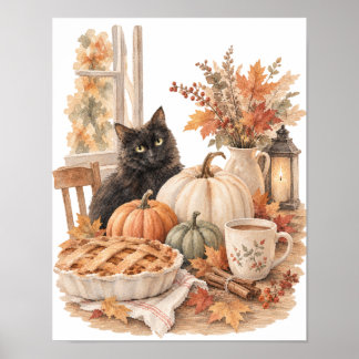 Vintage Schwarze Katze Kürbis Halloween Kunst Poster