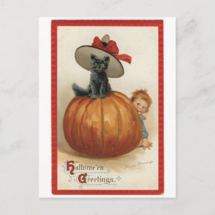 Vintage Schwarze Katze mit Hexenhut Postkarte