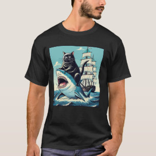 Vintage schwarze Katze reitet auf einem Hai Ozean T-Shirt