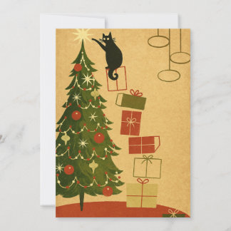 Vintage schwarze Katze schmückt Weihnachtsbaum Feiertagskarte
