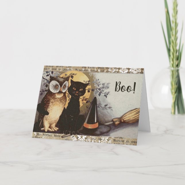 Vintage Schwarze Katze und Eule Halloween Karte (Vorderseite)