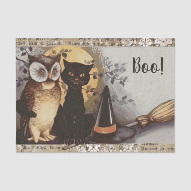 Vintage Schwarze Katze und Eule Halloween Seidenpapier (Vorderseite)