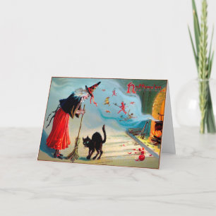 Vintage Schwarze Katze und Hexenkarte Feiertagskarte