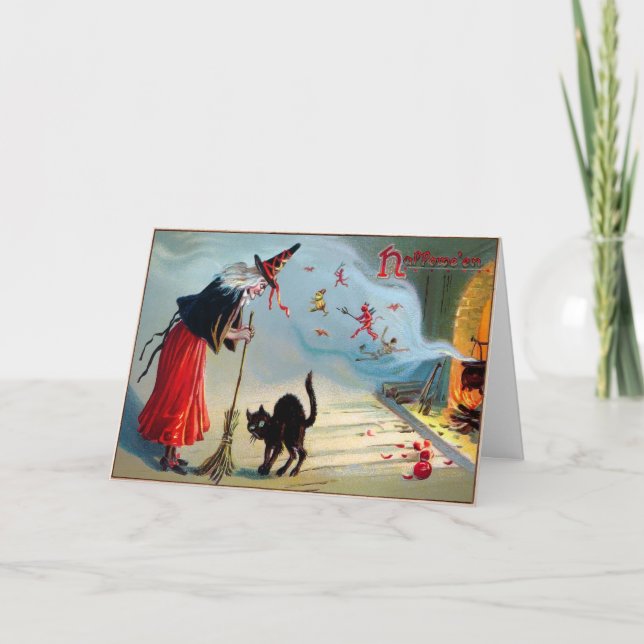 Vintage Schwarze Katze und Hexenkarte Feiertagskarte (Vorderseite)