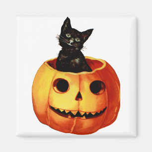 Vintage Schwarze Katze und lächelnder Jack-o-Lante Magnet