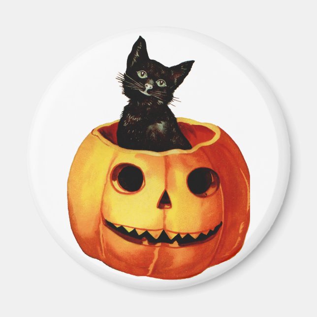 Vintage Schwarze Katze und Pumpkin-Rundmagnet Magnet (Vorne)