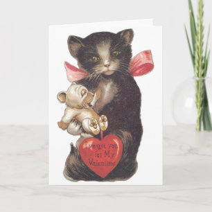 Vintage schwarze Katze und Welpen-Valentinstag-Kar Feiertagskarte