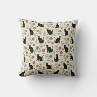 Vintage Schwarze Katze und Wildblumengarten-Muster Kissen