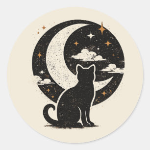 Vintage Schwarze Katze unter dem Halbmond   Minima Runder Aufkleber