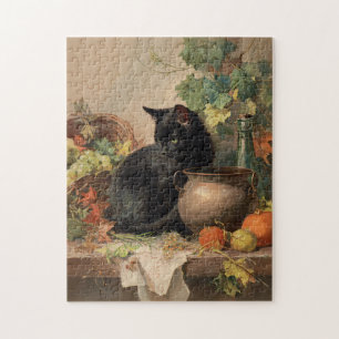 Vintage Schwarze Katze unter herbstlichen Früchten Puzzle