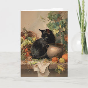 Vintage schwarze Katze zwischen herbstlichen Früch Karte