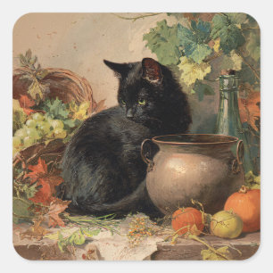 Vintage Schwarze Katze zwischen herbstlichen Früch Quadratischer Aufkleber