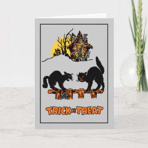 Vintage-Schwarze-Katzen-Halloween-Karte Karte