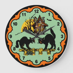 Vintage schwarze Katzen Halloweens und Spuk Haus Große Wanduhr