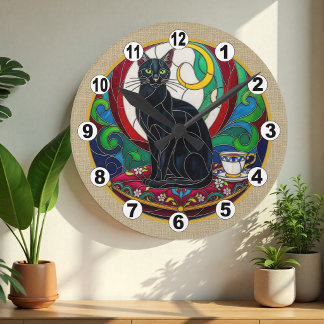 Vintage Schwarze Katzenkunst-Mosaikuhr, Dekorativ Runde Wanduhr