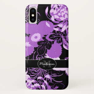 Vintage schwarze lila Blumen Vögel Monogramm Case-Mate iPhone Hülle