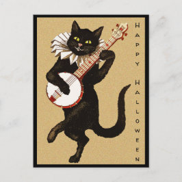 Vintage Schwarze Textkatze mit Banjo Halloween Postkarte