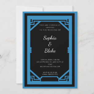 Vintage schwarze und blaue Art Deco Hochzeit Einladung