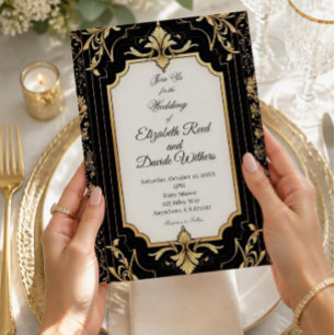 Vintage schwarze und goldene Art Deco Hochzeit Folieneinladung