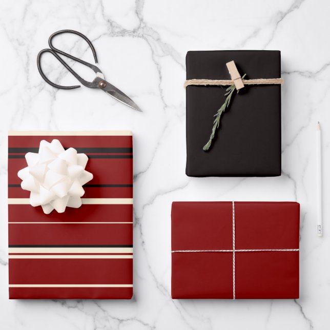 Vintage schwarze und rote Streifen Geschenkpapier Set (Vorderseite)