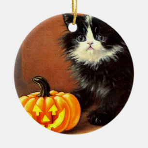 Vintage-schwarze-und-weiße-Halloween-Kätzchen Keramik Ornament