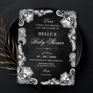 Vintage-Schwarze und weiße Spitzen-Babyparty Einladung