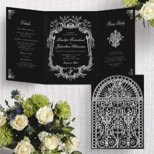 Vintage Schwarze Weiße Barocke Torbogen-Hochzeit Dreifach Gefaltete Einladung