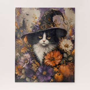 Vintage Schwarzer Katzen-Hexenhut Herbstflorales Puzzle