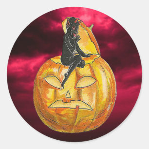 Vintage Schwarzer Teufel auf Jack o' Lantern Runder Aufkleber