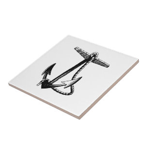 Vintage schwarzer und weißer Bootsanker und Seil Fliese