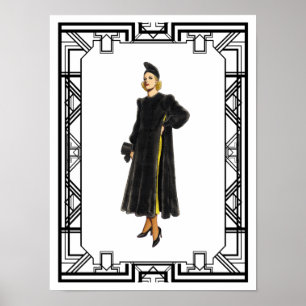 Vintage schwarzer und weißer Pelzmantel Mode der 1 Poster