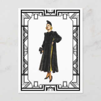 Vintage schwarzer und weißer Pelzmantel Mode der 1 Postkarte