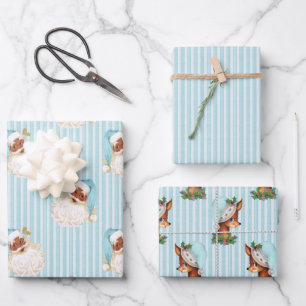 Vintage Schwarzer Weihnachtsmann & Rentier Türkis Geschenkpapier Set