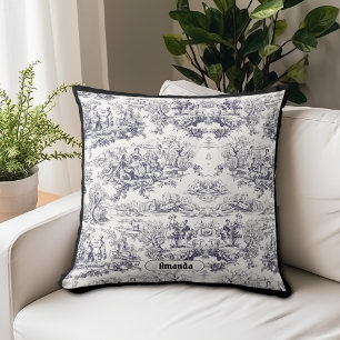 Vintage schwarzes Blumen-Toile de Jouy Monogramm Kissen