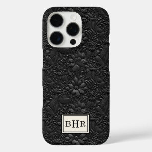 Vintage Schwarzes Getriebenes Leder Monogramm iPhone 16 Pro Hülle