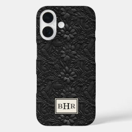 Vintage Schwarzes Getriebenes Leder Monogramm iPhone 16 Hülle