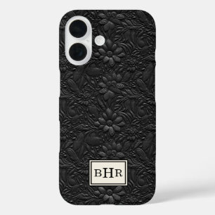Vintage Schwarzes Getriebenes Leder Monogramm iPhone 16 Hülle