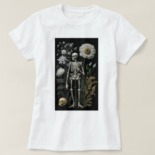 Vintage Schwarzes Gothic-Skelett mit dunklen Blume T-Shirt