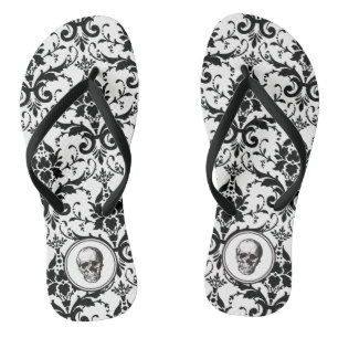 Vintage schwarzes gotisches Damastmuster Totenkopf Flip Flops