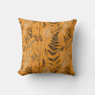 Vintage schwarzes orangefarbenes Farnmuster Kissen