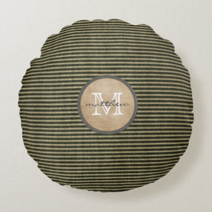 Vintage schwarzes Ticker-Muster Monogramm Jute Rundes Kissen
