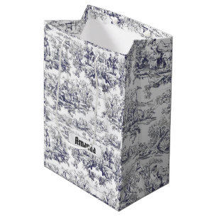 Vintage schwarzes Toile-de-Jouy-Blumenmonogramm Mittlere Geschenktüte
