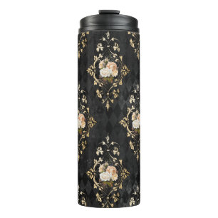 Vintage schwarzes und goldenes florales Harlekin-M Thermosbecher