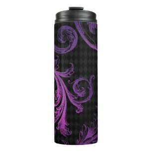 Vintage schwarzes und violettes Damast-Harlekin-Mu Thermosbecher
