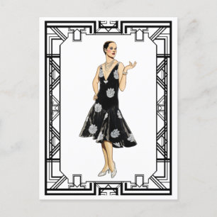 Vintage schwarzes und weißes besticktes Kleid aus Postkarte