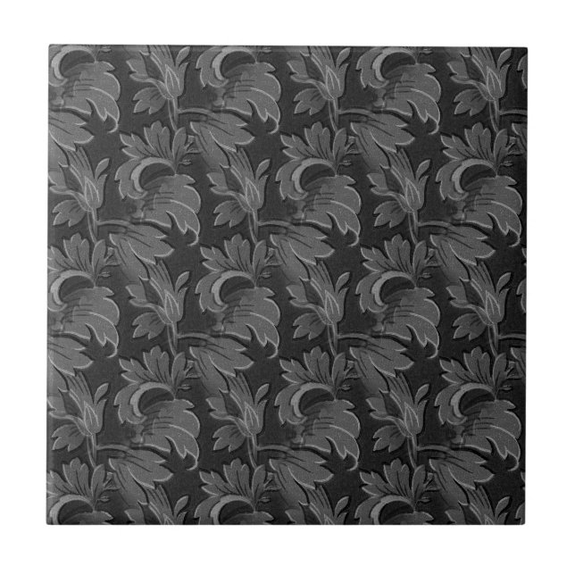 Vintage schwarzes und weißes Blattflora-Muster Fliese (Vorderseite)